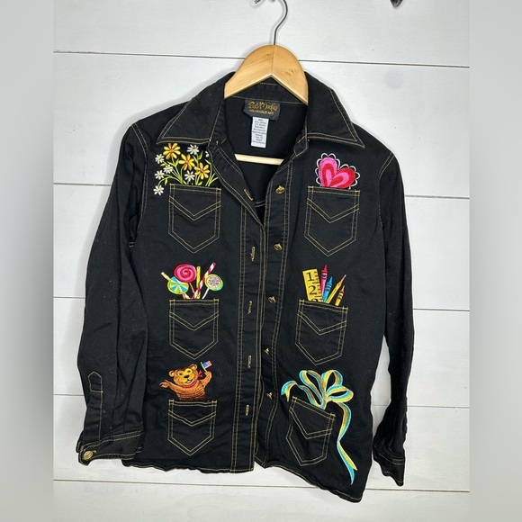 Bob Mackie Tops - Bob Mackie Wearable Art Black Embroidered Pocket Teacher Shirt Jacket XS